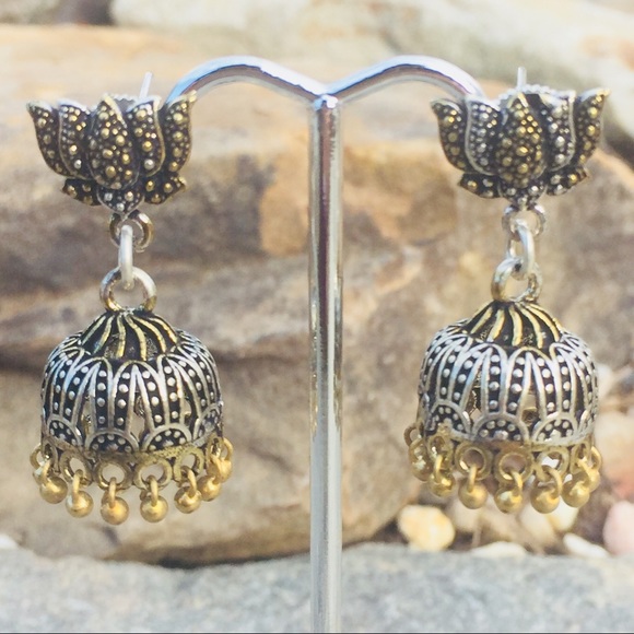 Brass & Stone Lotus Dangle Drop Earrings India - Picture 3 of 8